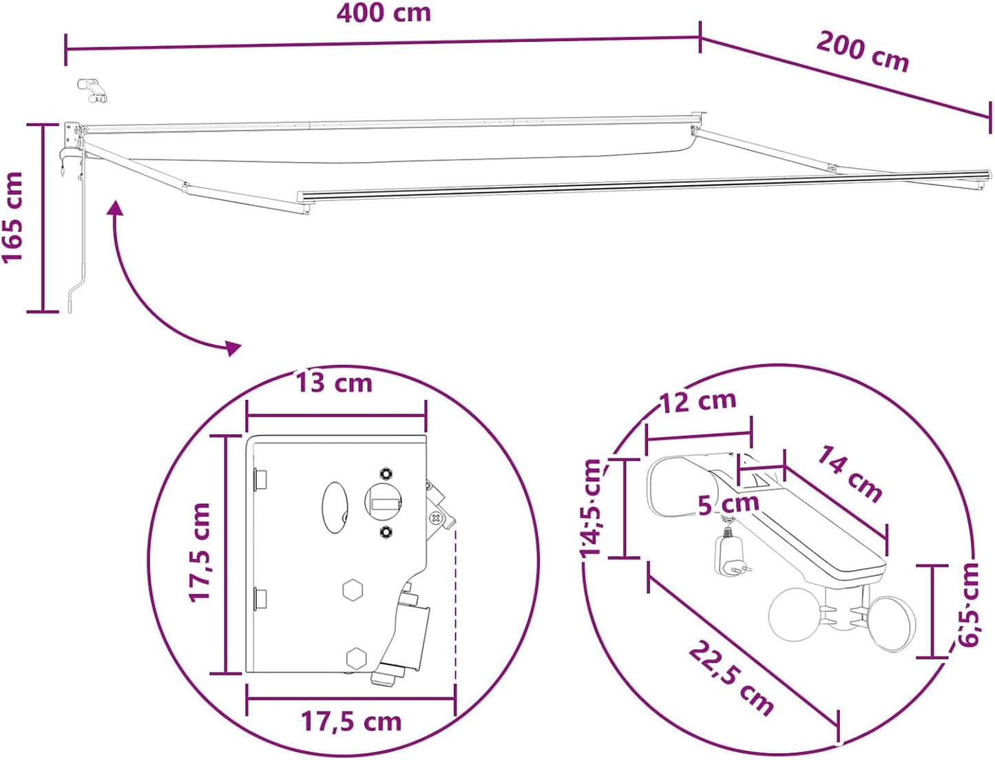 vidaXL Toldo retráctil eléctrico gris claro y blanco, toldo eléctrico, extensible, LED, protección de jardín, protección al aire libre, parasol funcional