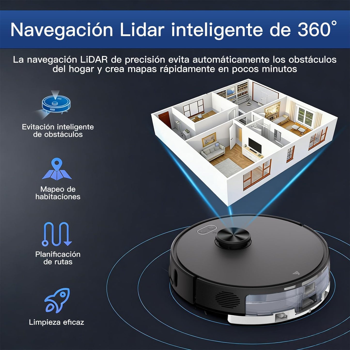 Robot Aspirador y fregasuelos hasta 8000 Pa Potente succión Autovaciado Autonomía de 220 Minutos Navegación Láser LiDAR y Mapeo Lnteligente,Limpieza Personalizada Control por Voz y App-B
