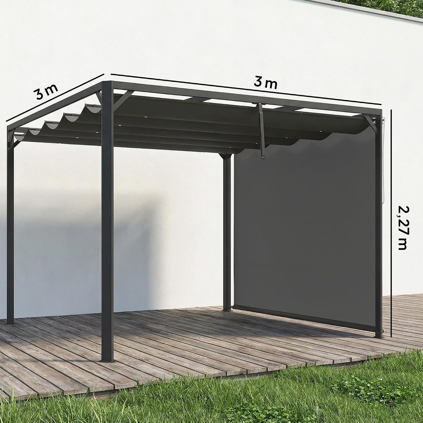 Outsunny Pérgola de Jardín 3x3 m con Techo Retráctil, Pared Lateral Enrollable y Estructura de Aluminio, Cenador de Jardín con UPF30+, Pabellón para Exterior, Patio, Terraza, Gris Oscuro
