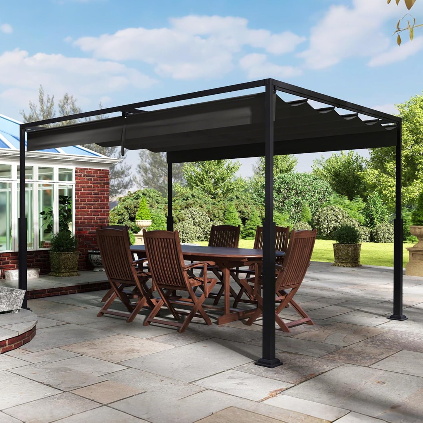 Pérgola de metal con techo solar, cenador estable de 3 x 4 m, para terraza, protección solar, para jardín, con columnas de metal robustas, para jardines, color negro
