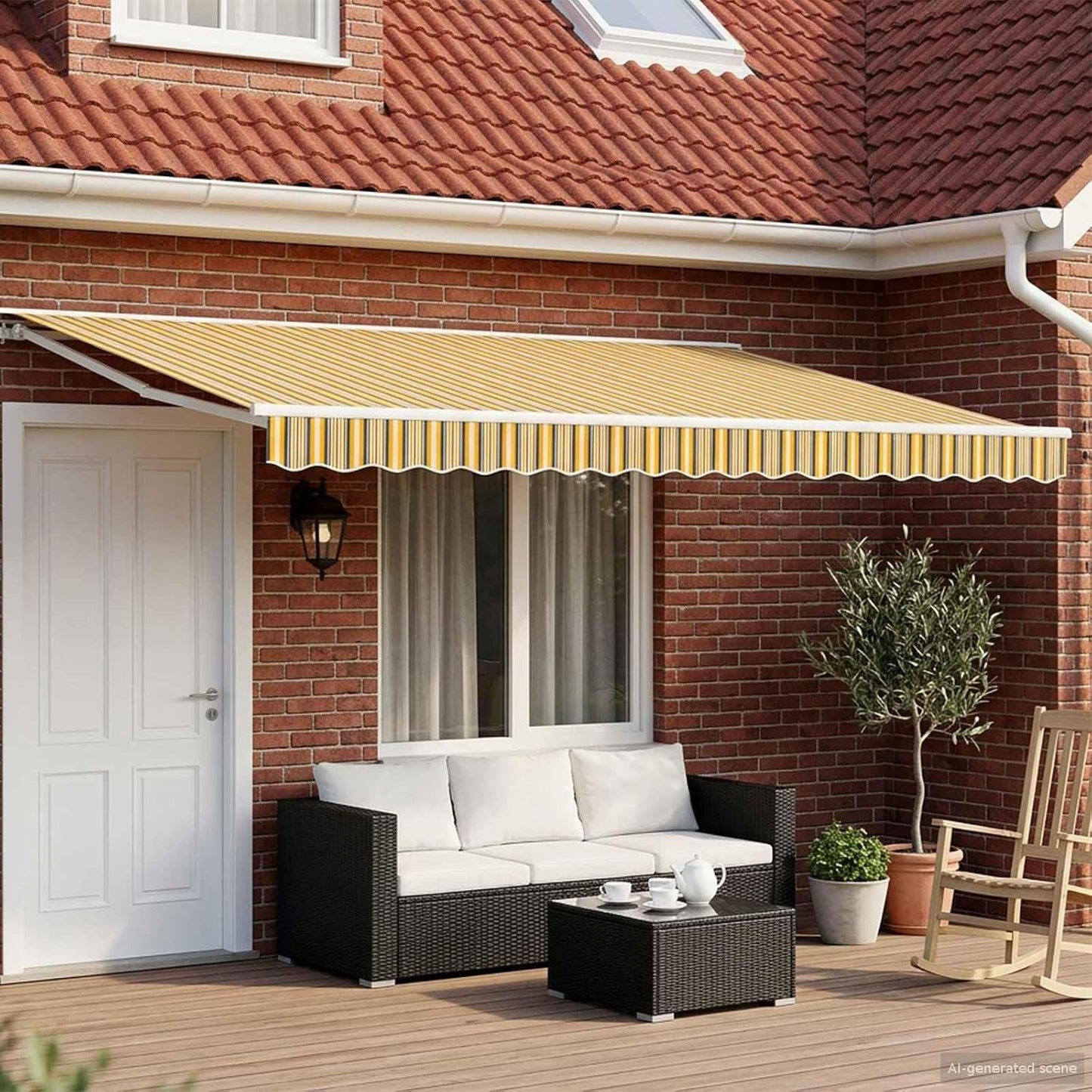 VidaXL Toldo retráctil eléctrico amarillo, gris y blanco 4,5 × 3,5 m, jardín y terraza, toldo rectangular moderno, sombra eléctrica, sombrilla impermeable, solución exterior
