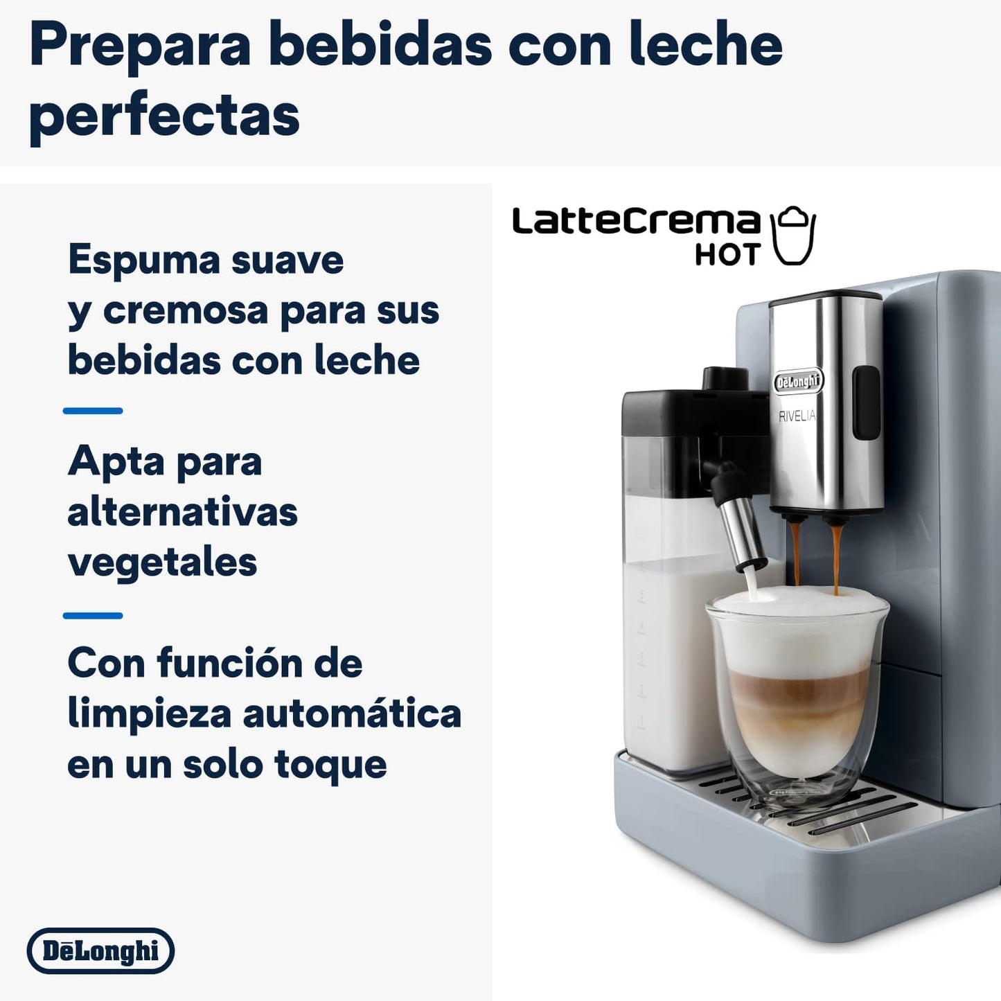 De'Longhi Rivelia EXAM440.55.G, Cafetera Superautomática con LatteCrema Hot, Espumador de Leche Automático, Tamaño Compacto, 16 Recetas, Pantalla Táctil a Color, Gris