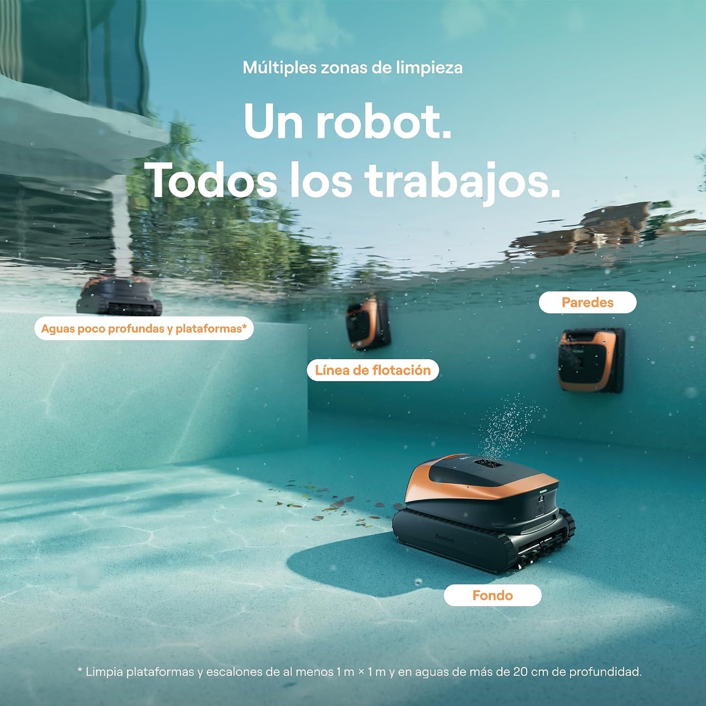 Beatbot (2026 Nuevo Sora 30 Robot Piscina limpiafondos y Paredes, Plataformas y línea de flotación, 25700 LPH, Posicionamiento Superficie, 5l residuos,App,Piscinas enterradas y elevadas, Orange