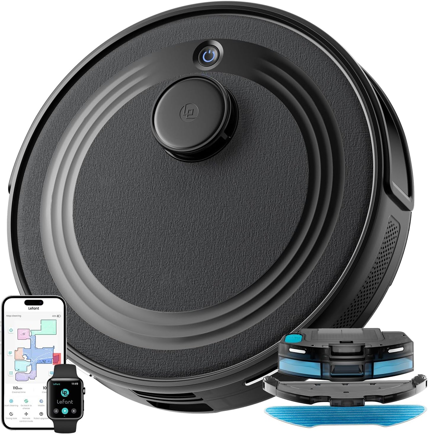 Lefant M2 Robot Aspirador y Fregasuelos 2 en 1, 160min Automático, 6000Pa, Navegación Láser, Evitación PSD, Limpieza Personalizada, Ideal para Limpiar Pelo de Mascotas y Suelos Duros, Negro