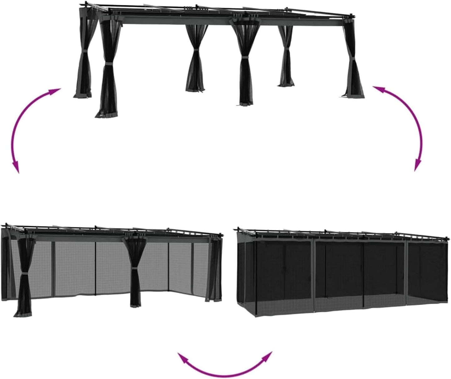IKAYAA Pérgola de Jardín con Techo Retráctil y Paredes de Malla, Pérgola de Aluminio 6 x 3 m, Cenador de Jardín, Poliéster Resistente al Agua y a UV para Patio Terraza Exterior Antracita