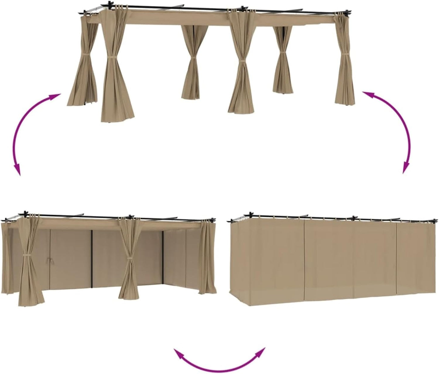 Pérgola de Jardín con Techo y Cortinas, Pérgola de Aluminio 6x3 m, Cenador de Jardín con Techo Retráctil, Poliéster Resistente al Agua y a UV para Patio Terraza Exterior Taupe