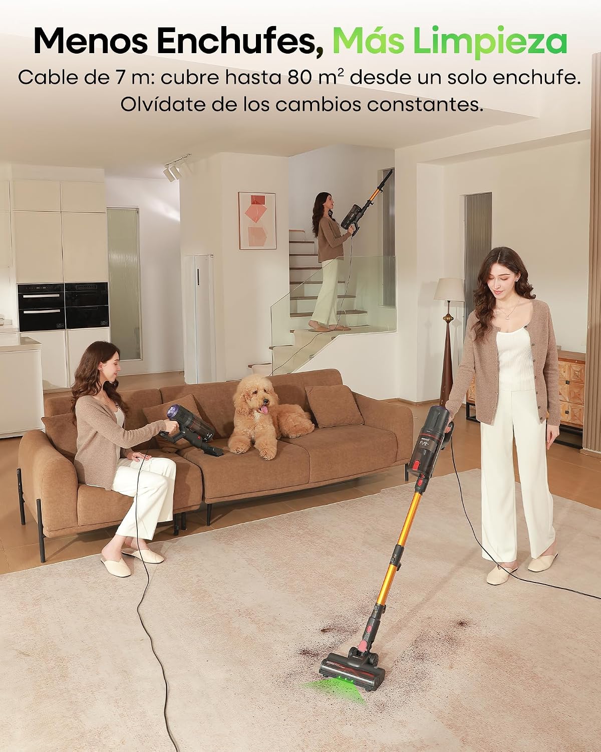 FAMIVAC FV2 Aspiradora con Cable, 65Kpa/600W Aspirador Potente con Cepillo para Colchón, 1,3KG Ligera, Cable 7M, 1,5L, Cepillo Antienredos & Autoportante para Alfombras, Suelos, Pelos de Mascotas