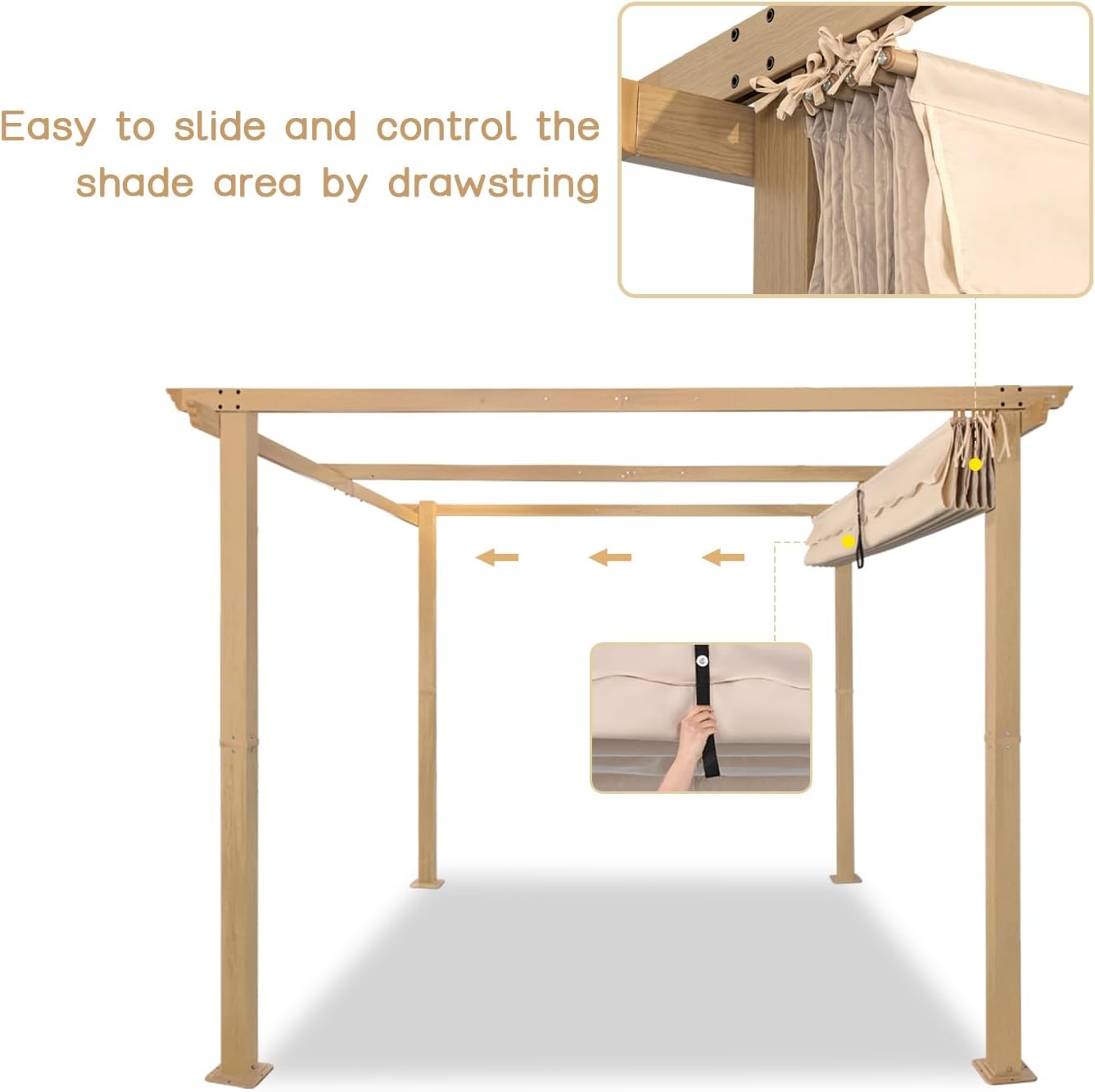 Angel Living Pergola de Aluminio, Deslizante Retráctil, Tejido de Poliéster de Alta Densidad Repelente al Agua y Resistente a los Rayos UV, Cobertizo para Jardín, Terraza Beige (3 x 4)