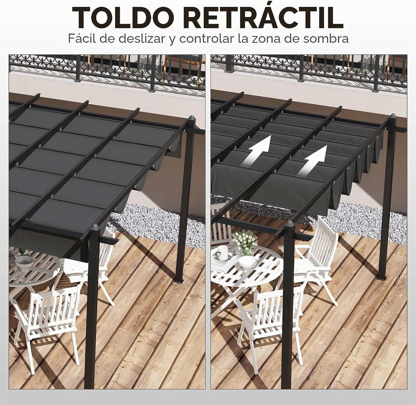 Outsunny Pergola Jardín Exterior Pergola Aluminio 3,6 x 6 m Corrediza para Terraza Estructura de Aluminio + Lona Poliéster - Gris Oscuro