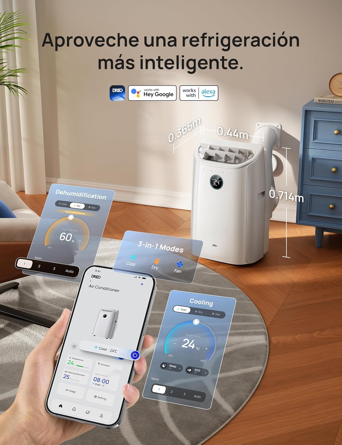 DREO Aire Acondicionado Portátil de 10000 BTU para Habitación, Refrigeración sin Drenaje, Silencioso, Control por Aplicación/Voz, Temporizador de 24 Horas, con Ventilador y Deshumidificador