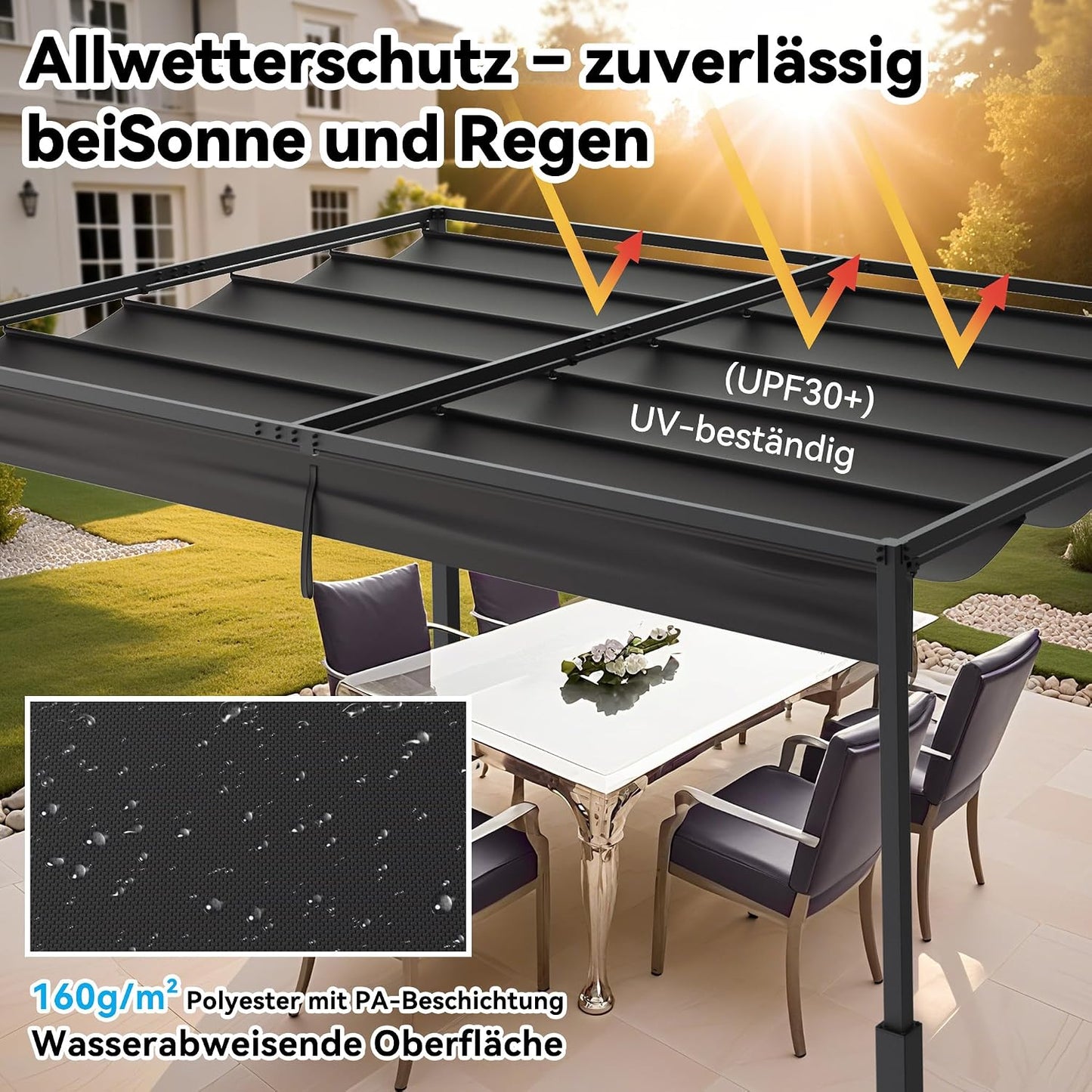 Pérgola de metal con techo solar, cenador estable de 3 x 4 m, para terraza, protección solar, para jardín, con columnas de metal robustas, para jardines, color negro
