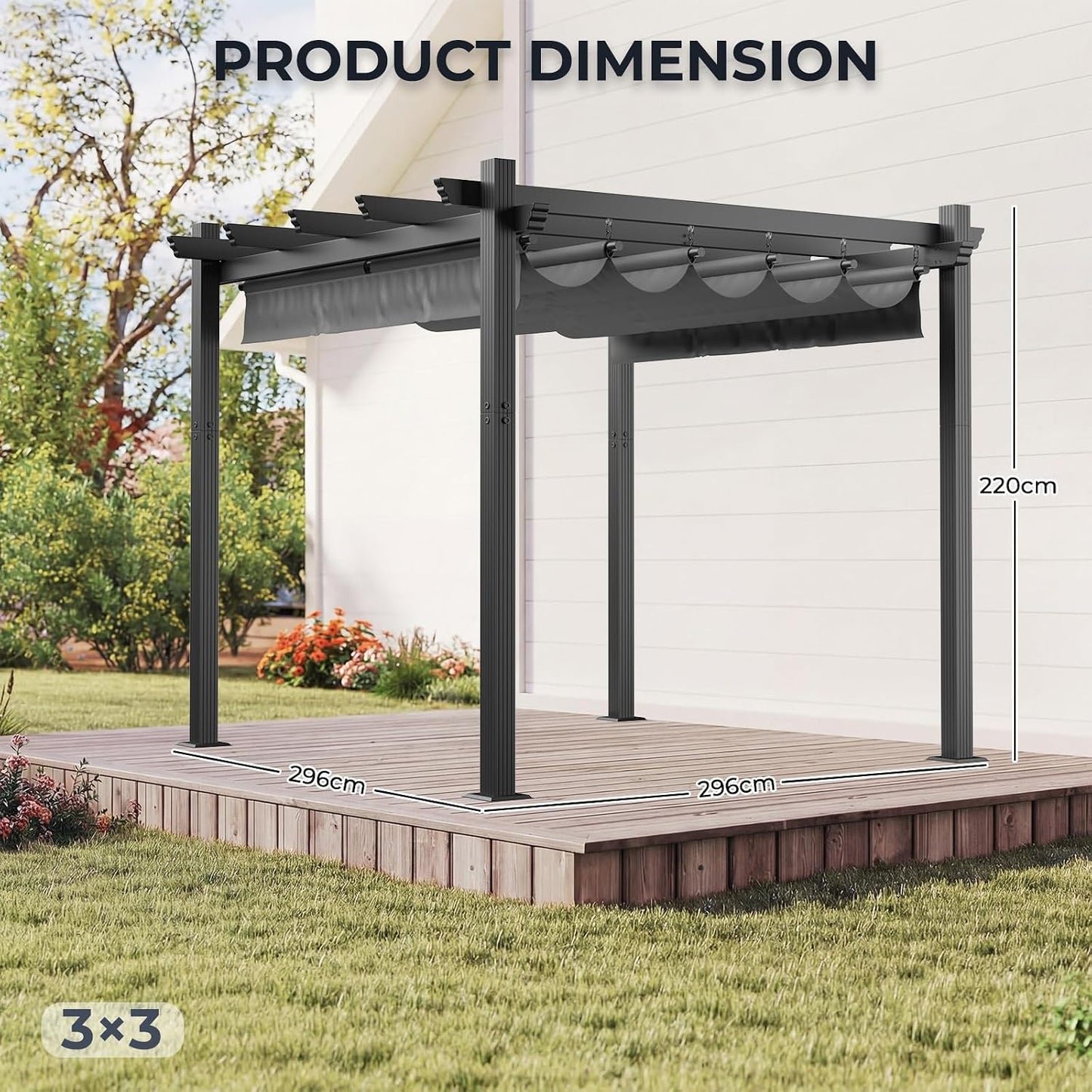 Devoko Pergola Bioclimatica 3x3m, Pergolas de Jardin, con Fijaciones Magnéticas y Zona de Sombra Ajustable, Cenador Pergolas de Aluminio, Adecuada para Escenarios como Jardines y Patios, Negro