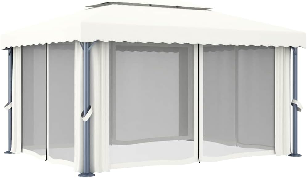 vidaXL Cenador con Cortina y Tira de Luces Lateral Pérgola Jardín Patio Toldo Sombrilla Parasol Tienda Carpa Marquesina Aluminio Crema 4x3 m