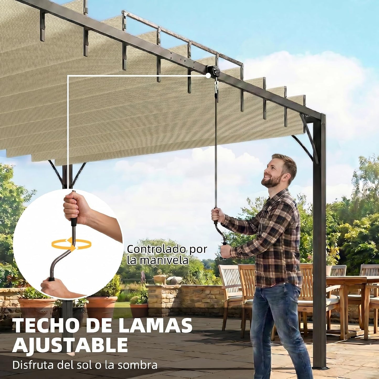 Outsunny Pérgola de Jardín 3x4 m, Cenador de Jardín con Techo de Lamas Orientables a 135°, Columna de Aluminio, Vigas de Hierro, Protección UPF30+, Pabellón para Exterior, Patio, Terraza, Blanco Crema