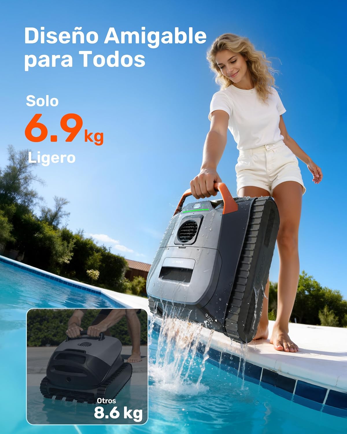 Gosvor (Nuovo 2026 Robot Piscina Limpiafondos y Paredes, Doble Filtración, Planificación Inteligente Rutas, 5 Modos, Control App, 200Min Autonomía, Línea Agua y Zona Poco Profunda,Gris Naranja