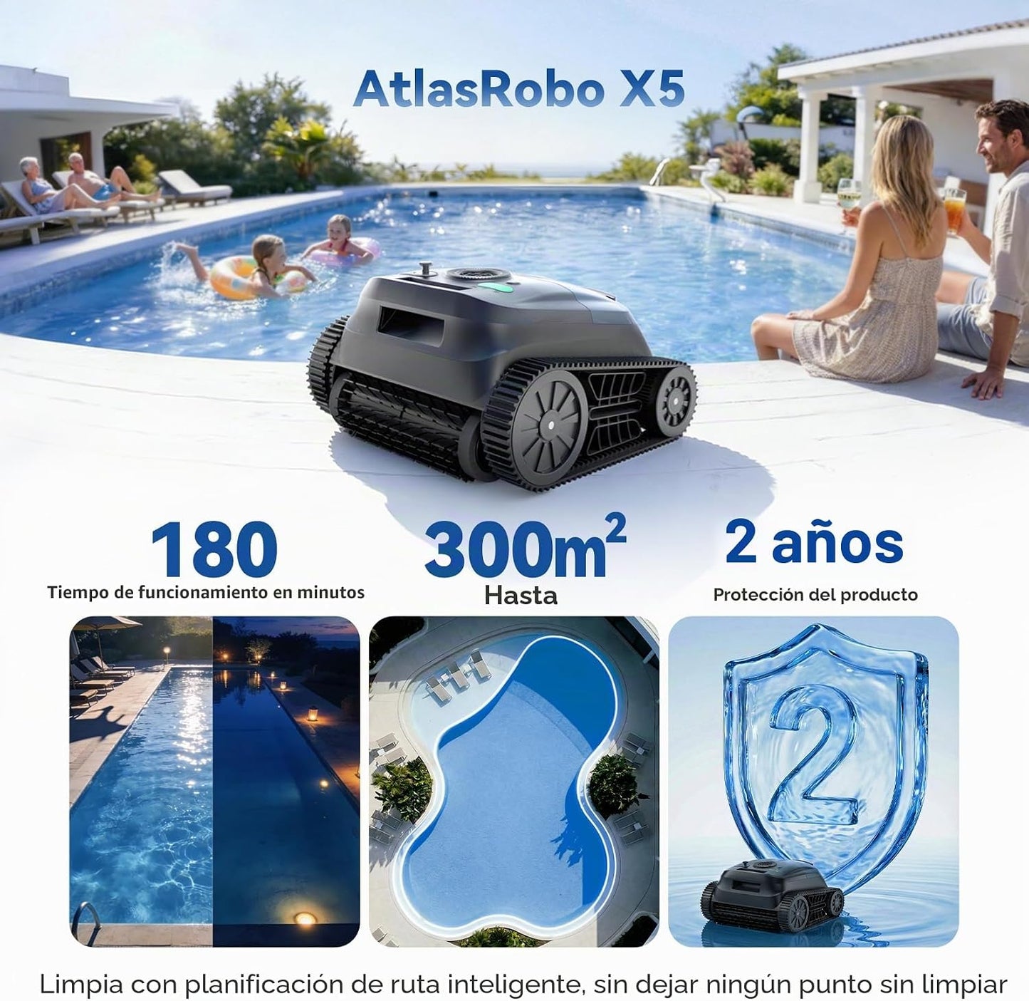 (2026 New) Pondee X5 Robot Limpiafondos Piscina y Paredes Sin Cable, Línea de Agua, Navegación Inteligente, Aspiradora 21 m³/h Saugkraft, 3 Motores Brushless, Autonomía 180 Min, Piscinas hasta 300m²