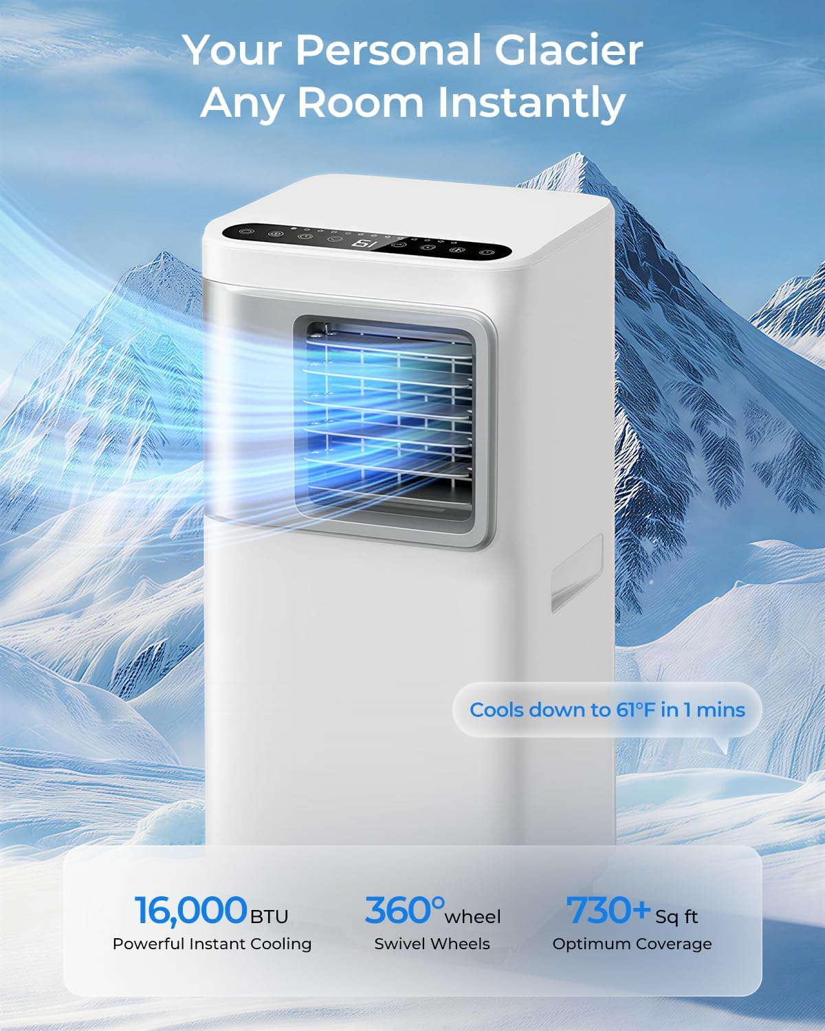 Aire acondicionado portátil 16000 Btu para habitación grande de hasta 750 pies cuadrados 5 en 1 unidad de CA inteligente con aplicación WiFi/control remoto, enfriamiento rápido, deshumidificador y