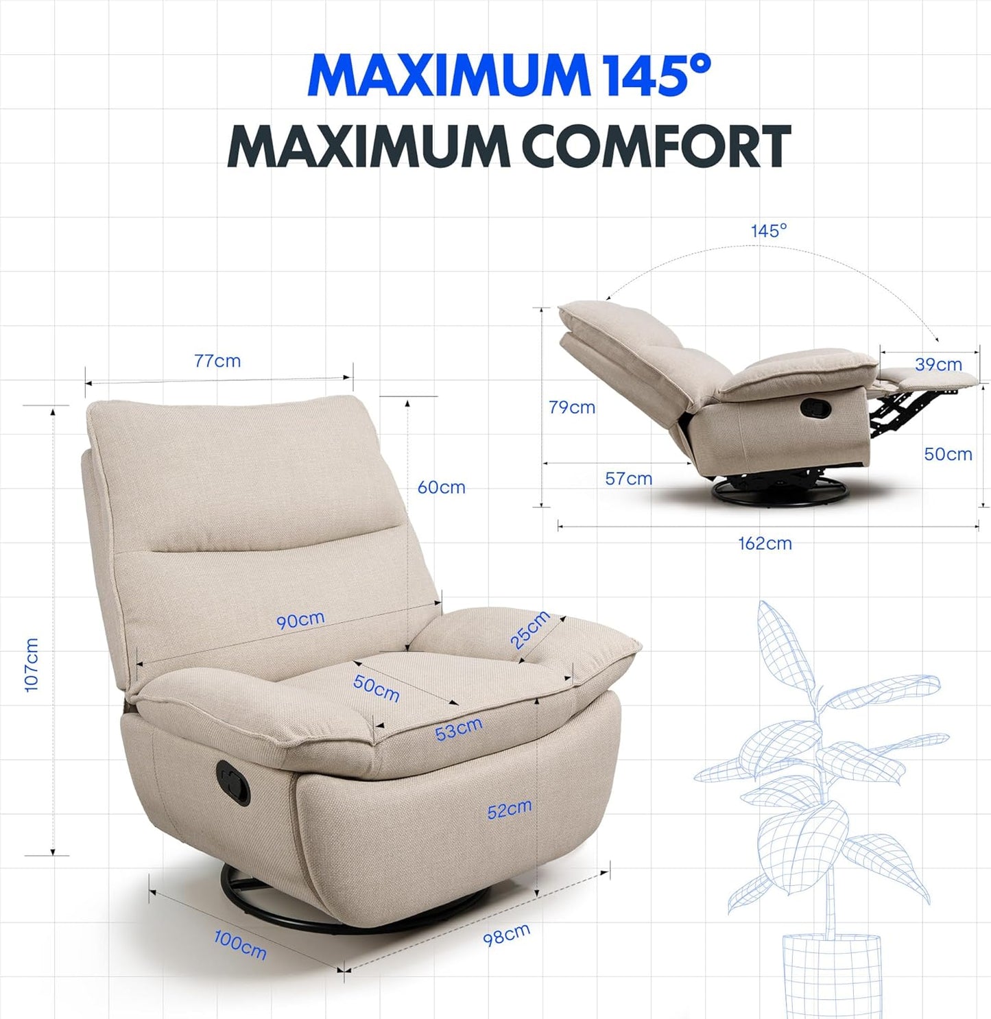 FLEXISPOT XC6 Sillón Relax, Sófa Giratorio con Función Balancín, Sillon TV con Respaldo Ajustable, Silla Reclinable para Dormitorio, Salón y Cine en Casa (Beige)