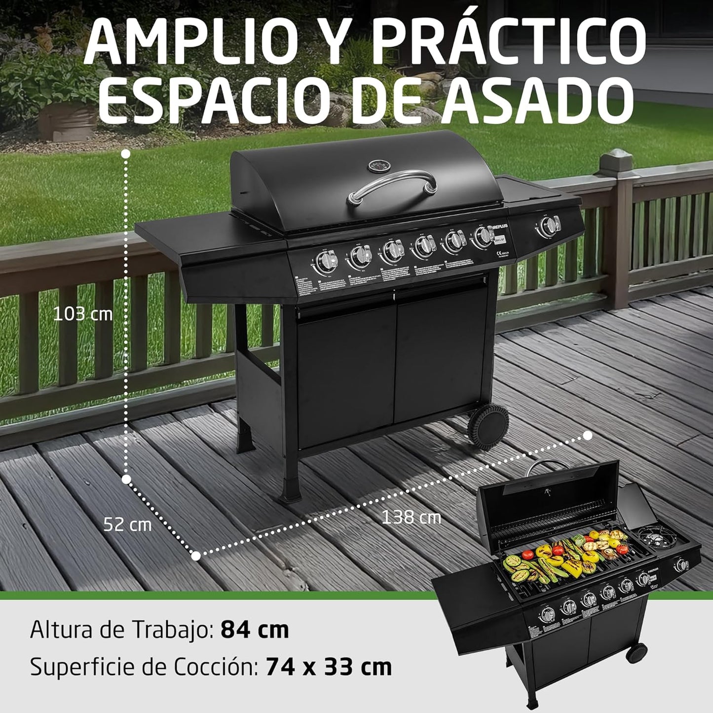 Barbacoa de gas Fireplus 6+1 de 12,9 kW - Acero inoxidable Negro - Parrilla con ruedas Modelo GRILL-6F - Barbacoa XXL con carro y termómetro - 138x52x103 cm - 7 quemadores y Bandeja lateral