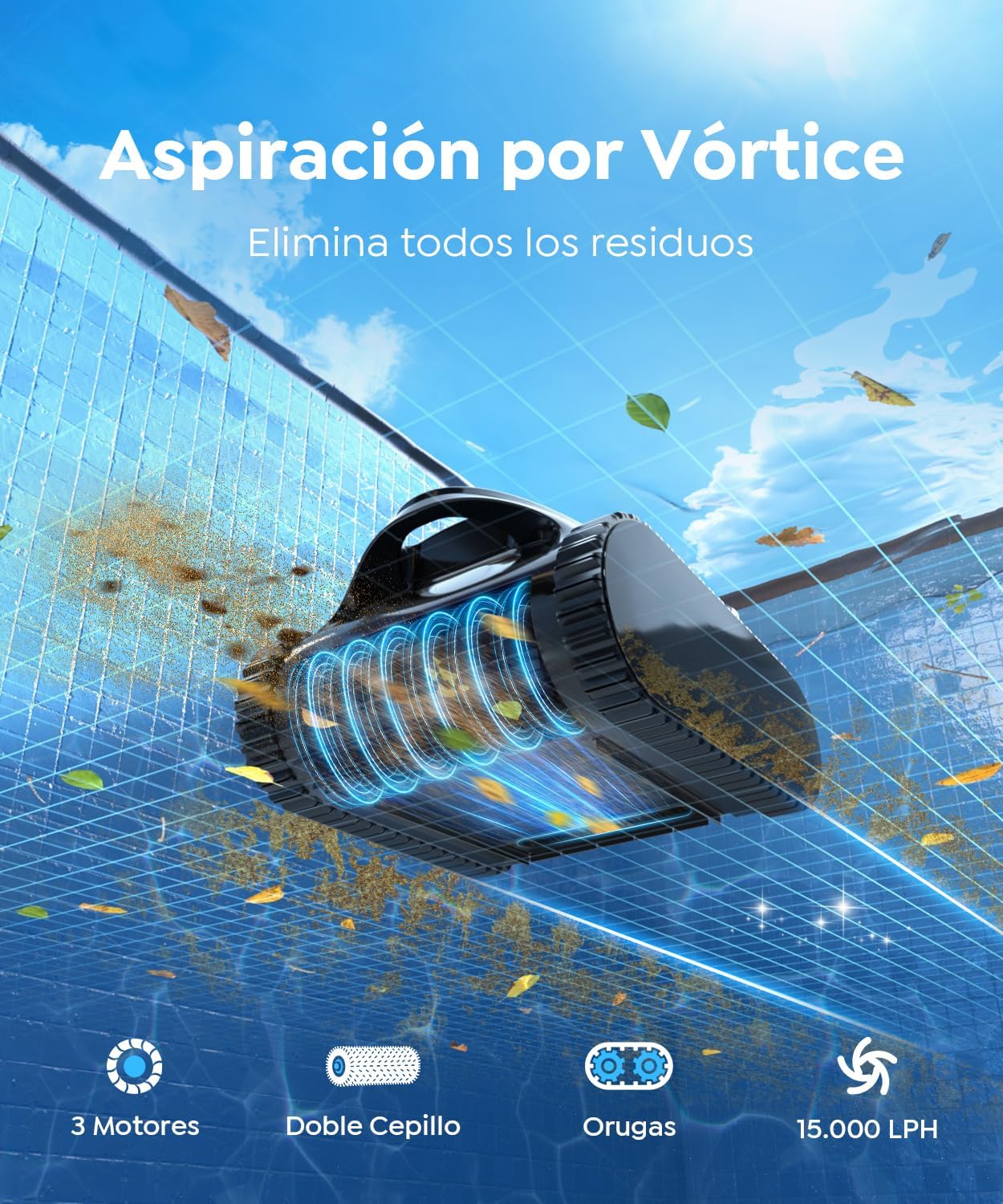 C1 Robot Piscina Limpiafondos y Paredes, Autonomía 180 min, Doble Filtración, 3 Motores, Control por App, Robot Limpiafondos Piscina Inalámbrico 150㎡, Azul Oscuro