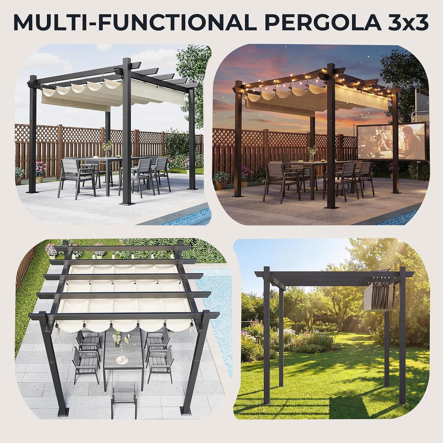 Devoko Pergola Bioclimatica 3x3m, Pergolas de Jardin, con Fijaciones Magnéticas y Zona de Sombra Ajustable, Cenador Pergolas de Aluminio, Adecuada para Escenarios como Jardines y Patios, Beige