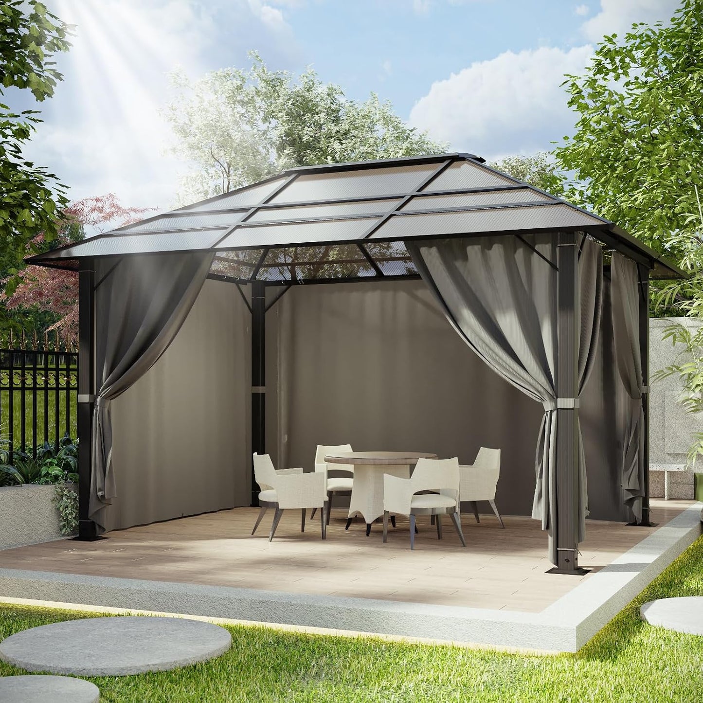 Devoko - Cenador de jardín de 3 x 4 cm, impermeable y estable, cenador de jardín al aire libre de aluminio, glorieta con techo fijo resistente a los rayos UV, para escenas exteriores, color gris