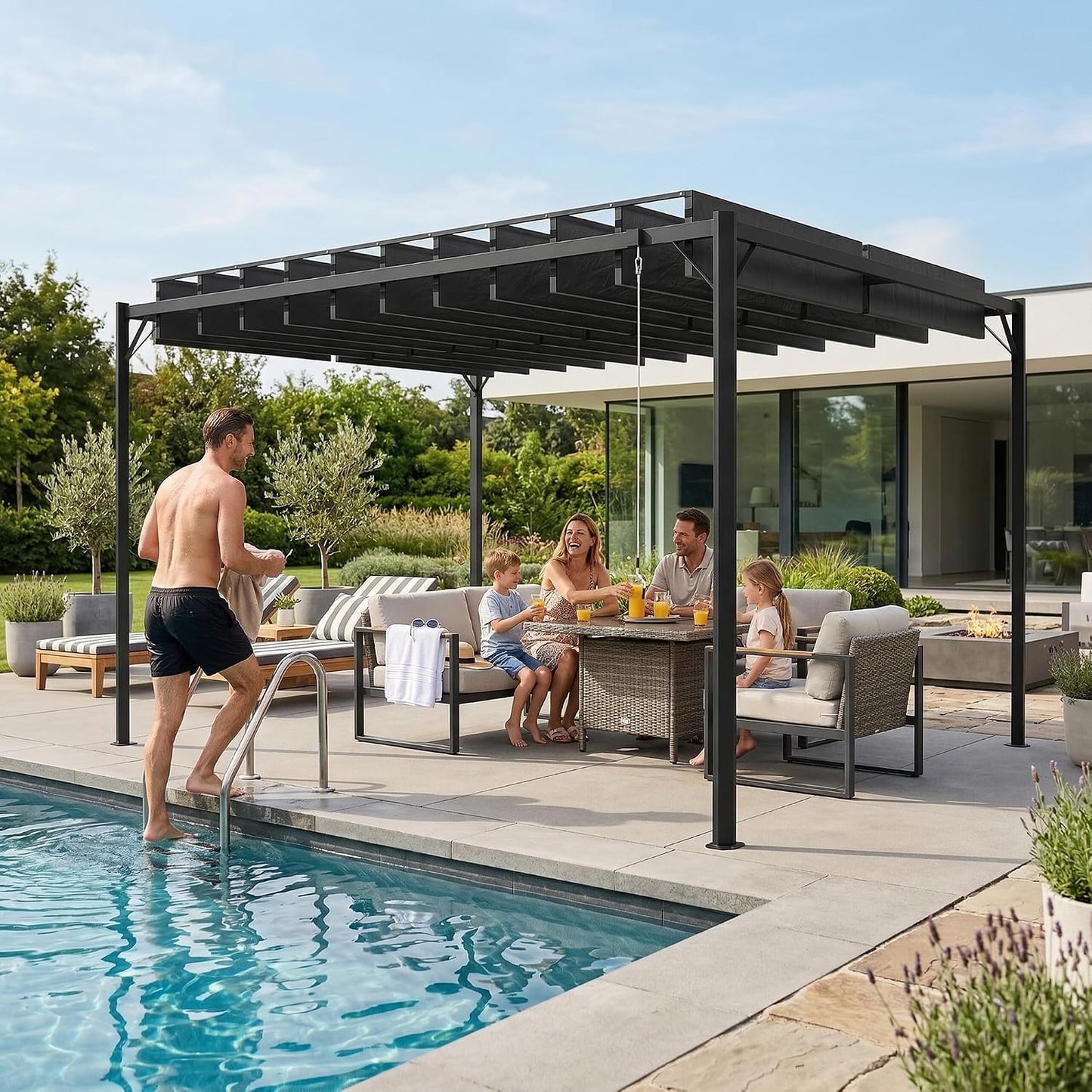 Outsunny Pérgola de Jardín 3x4 m, Cenador de Jardín con Techo de Lamas Orientables, Estructura de Metal, Protección UPF50+, Pabellón para Exterior, Patio, Terraza, Gris Oscuro