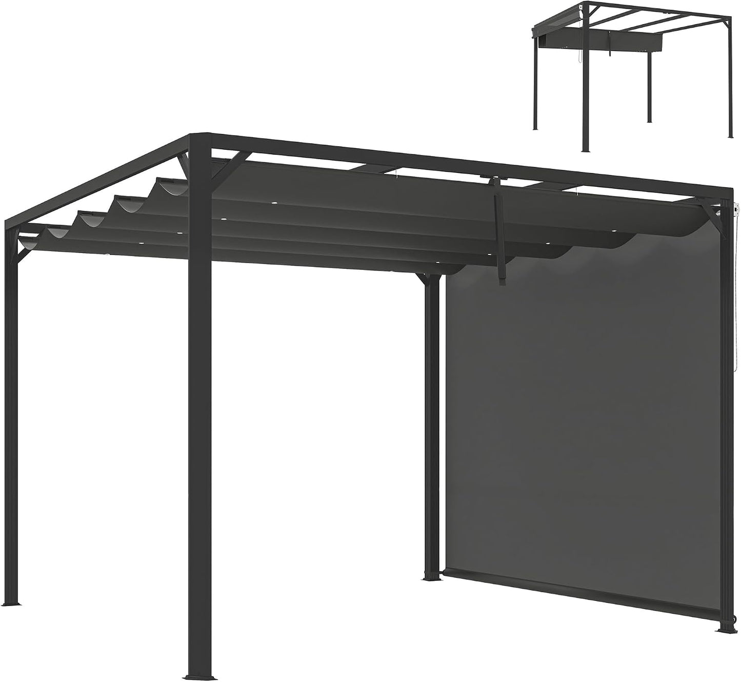Outsunny Pérgola de Jardín 3x3 m con Techo Retráctil, Pared Lateral Enrollable y Estructura de Aluminio, Cenador de Jardín con UPF30+, Pabellón para Exterior, Patio, Terraza, Gris Oscuro