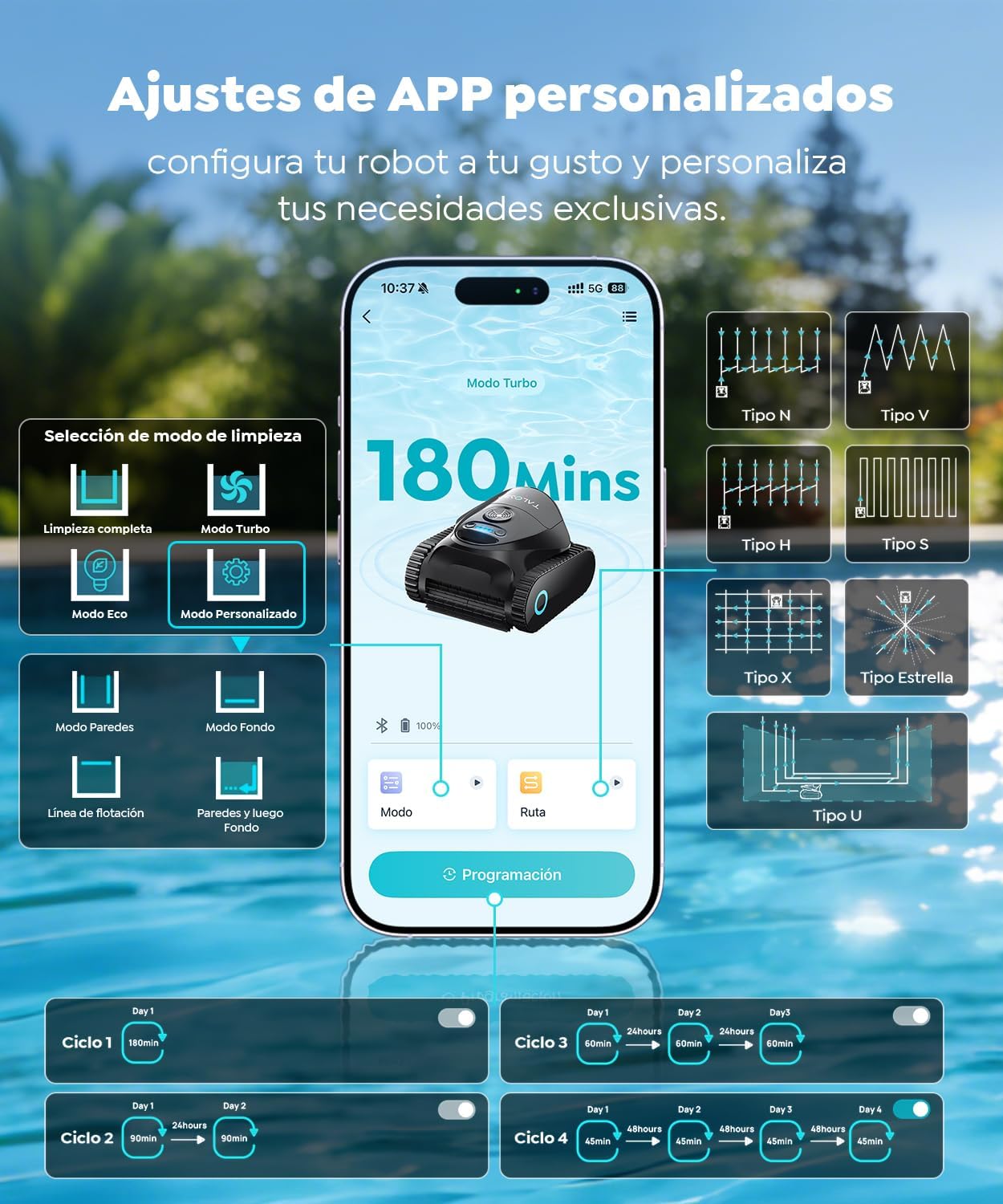 C1 Robot Piscina Limpiafondos y Paredes, Autonomía 180 min, Doble Filtración, 3 Motores, Succión Potente, Control por App, Robot Limpiafondos Piscina Inalámbrico 150㎡