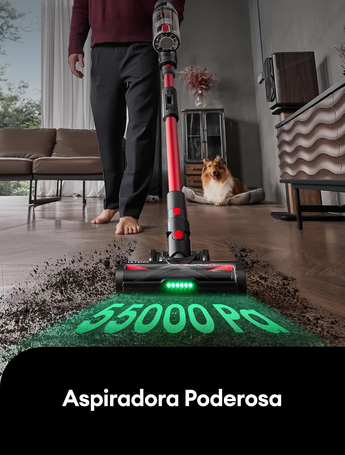 Ultenic Aspiradora sin Cable 55Kpa/60Min, Pantalla LED Muestra Batería Restante en Minutos, Escoba Aspiradora Antienredo con Tubo Articulado, Limpia el Fondo de los Muebles sin Agacharse