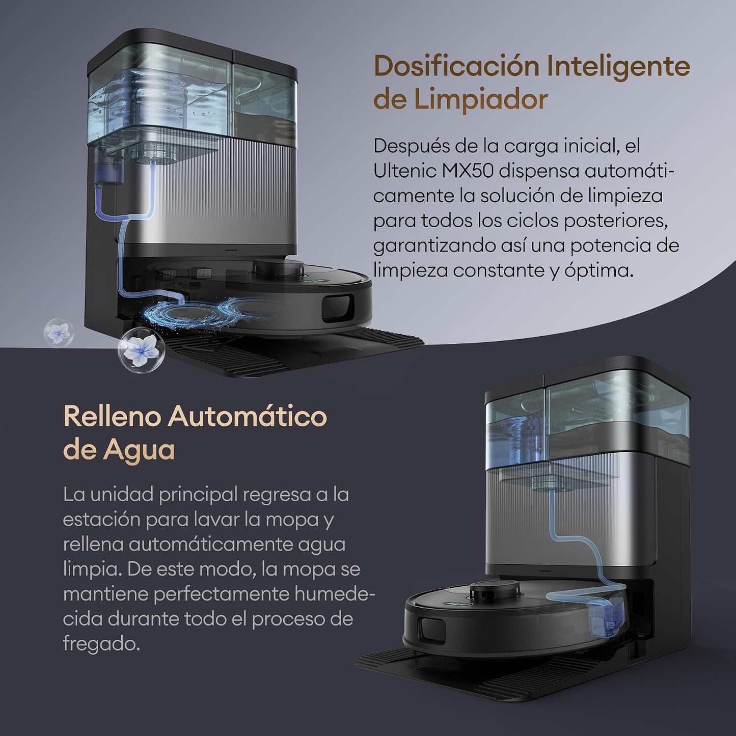 Ultenic MX50 Robot Aspirador y Fregasuelos con IA y Estación Todo en Uno | Autolimpieza con Agua Caliente 65°C y Secado 45°C | Mopa Extensible y Elevación Automática | 20000 Pa Autovaciado 90 Días