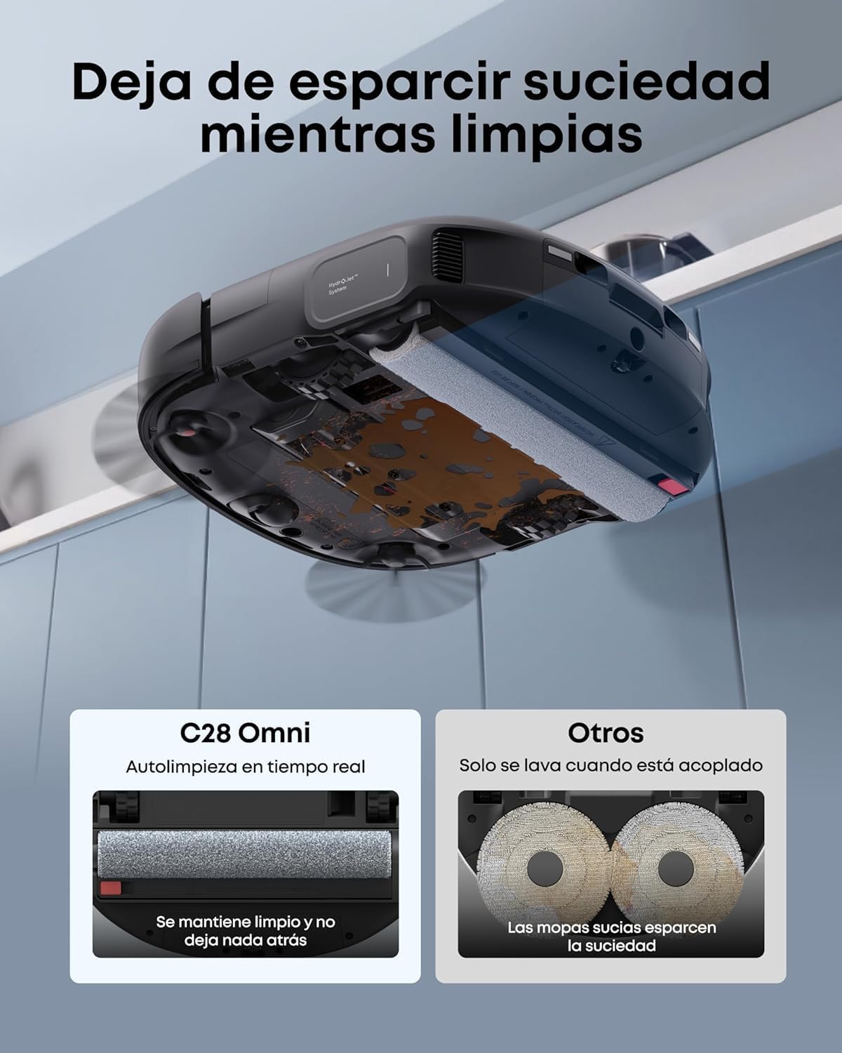 eufy Nuevo edición 2026 Robot Aspirador y fregasuelos, C28 Omni, Rodillo autolimpiante HydroJet, 15.000 Pa, 5 en 1 para el hogar, diseño antienredos evitación de obstáculos con IA, Mejora X10 Pro
