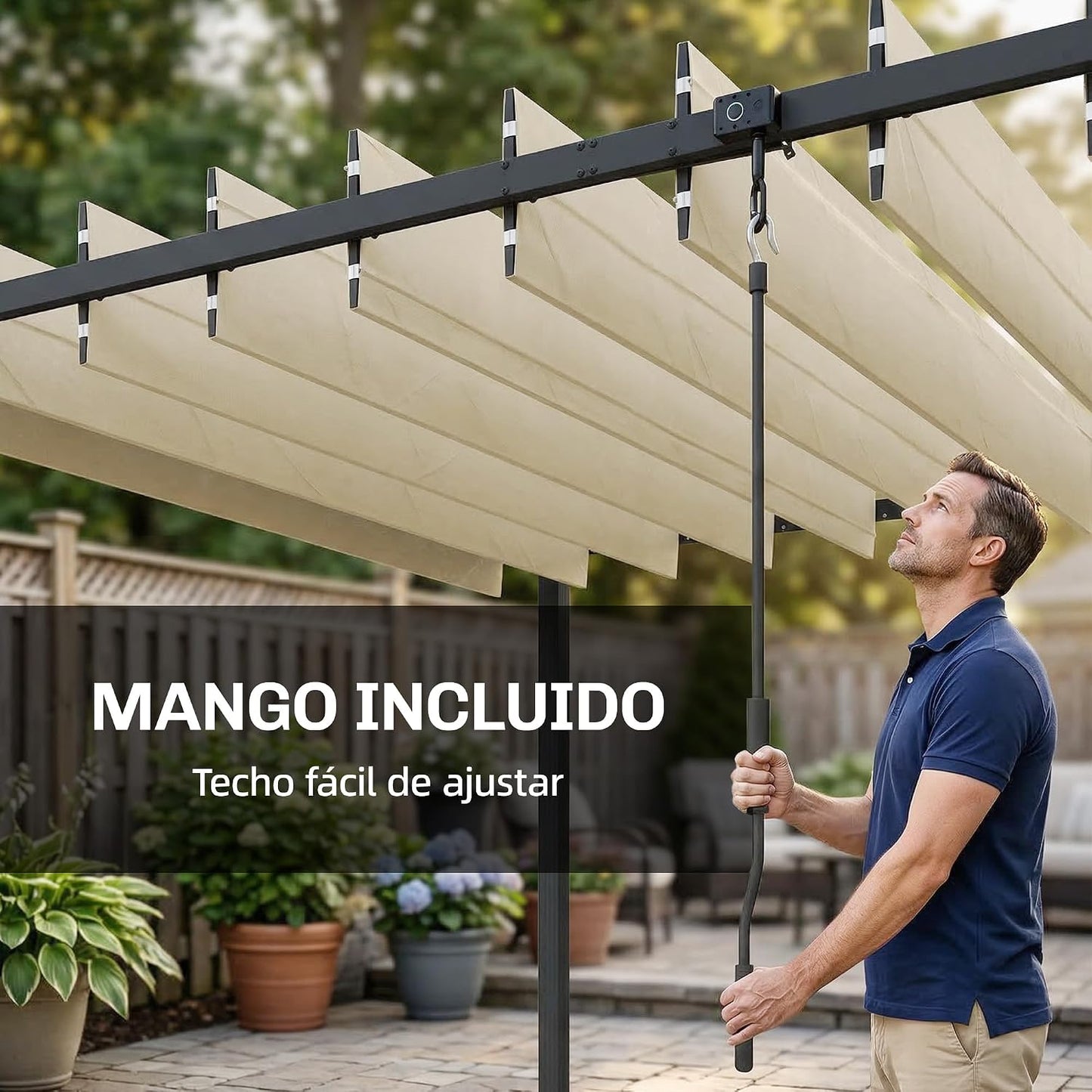 Outsunny Pérgola de Jardín 3x3,8 m, Cenador de Jardín con Techo de Lamas Ajustable a 90°, Manivela, Estructura de Aluminio y Acero, Protección UPF50+, Pabellón para Exterior, Patio, Terraza, Beige