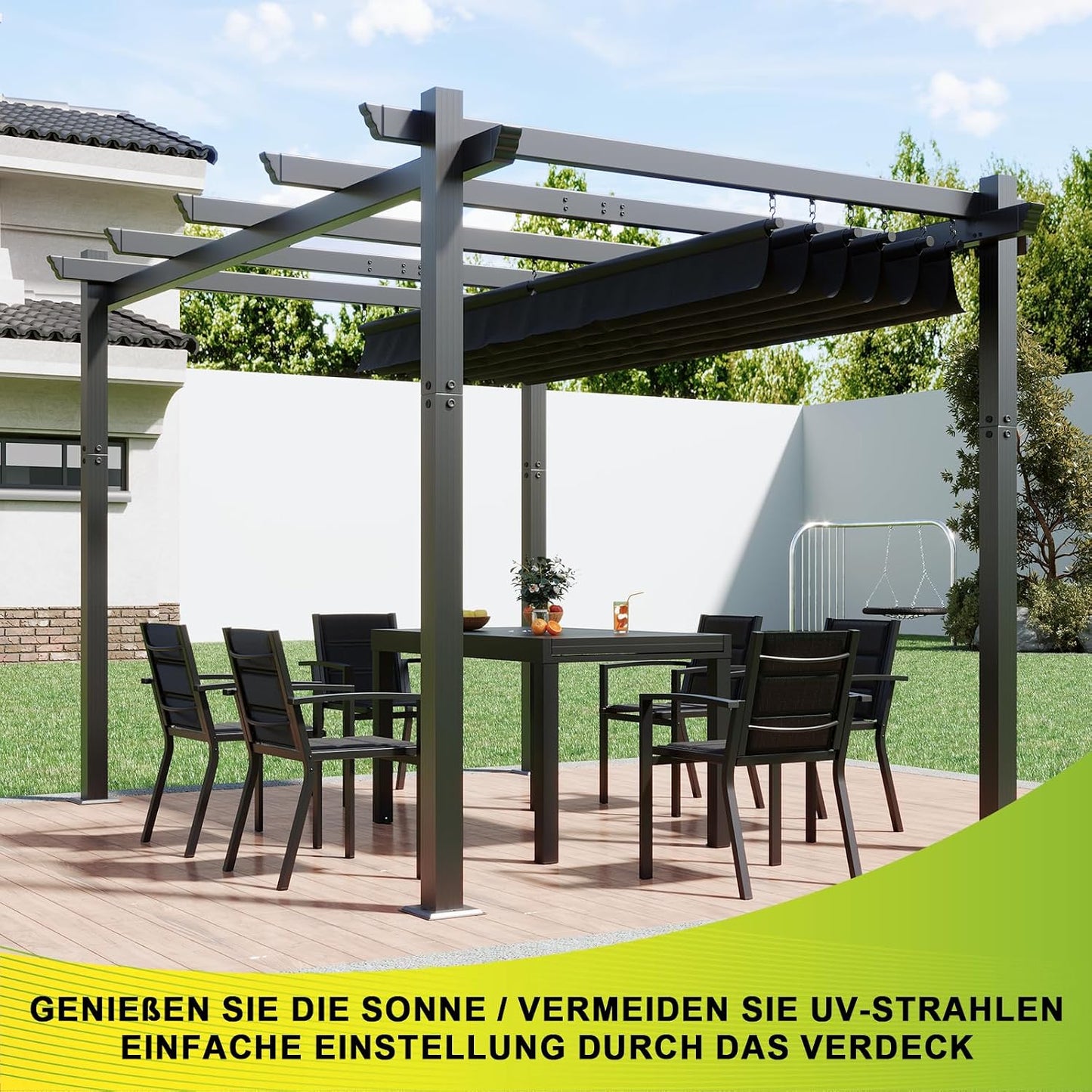 Devoko Pergola 3x4, Pergolas de Jardin, con Fijaciones Magnéticas y Zona de Sombra Ajustable, Pergolas de Aluminio, Adecuada para Escenarios como Jardines y Patios,Negro