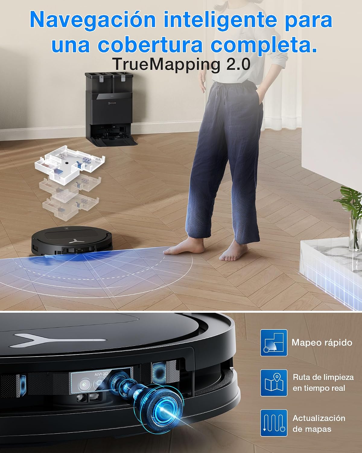 ECOVACS DEEBOT T50 Omni Gen3 Robot Aspirador y fregado, 25 000Pa, Cepillo mopa Extensibles, ZeroTangle 3.0, AIVI 3D 2.0, estación Omni Todo uno, Lavado con Agua Caliente a 75°C, Ultrafino 81mm, Negro