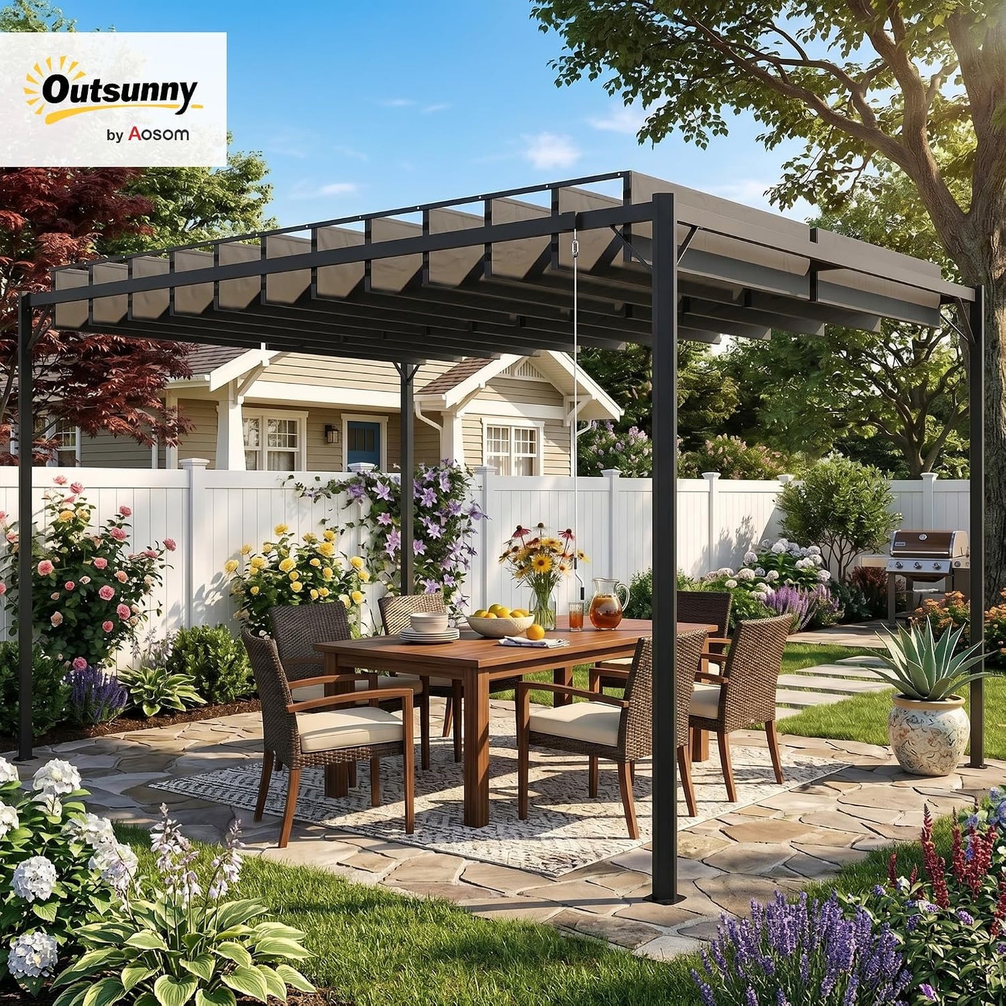 Outsunny Pérgola de Jardín 3x4 m, Cenador de Jardín con Techo de Lamas Orientables, Estructura de Metal, Protección UPF50+, Pabellón para Exterior, Patio, Terraza, Gris Oscuro