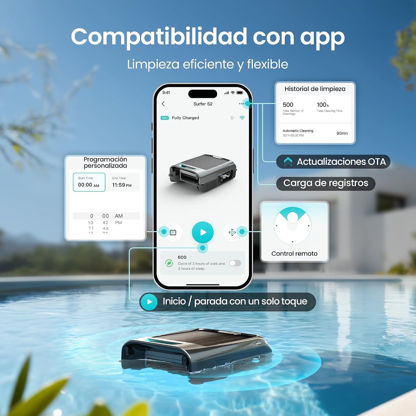 AIPER EcoSurfer S2 Robot Skimmer Superficie Piscina Solar, Robot Piscina Inalámbrico con App, Limpieza de Superficie 24/7, Carga Solar y DC, Detección de Obstáculos, Filtro 150 µm, Actualizaciones OTA