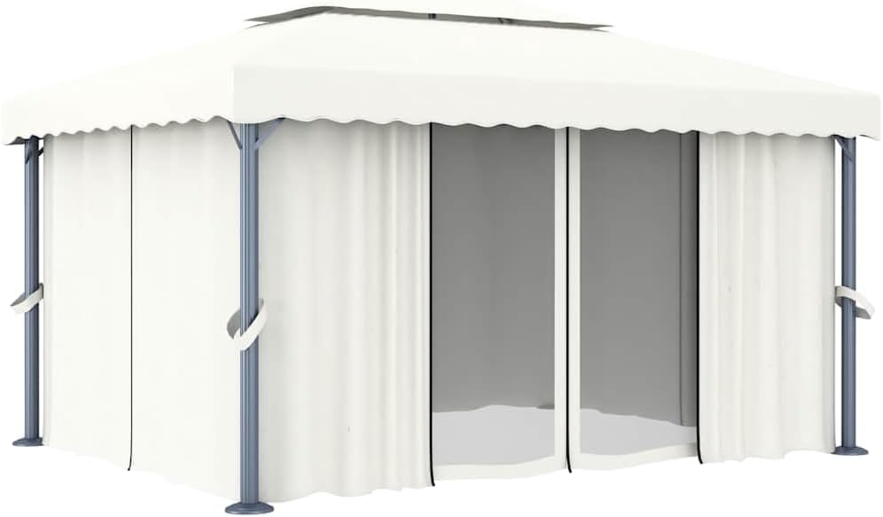 vidaXL Cenador con Cortina y Tira de Luces Lateral Pérgola Jardín Patio Toldo Sombrilla Parasol Tienda Carpa Marquesina Aluminio Crema 4x3 m