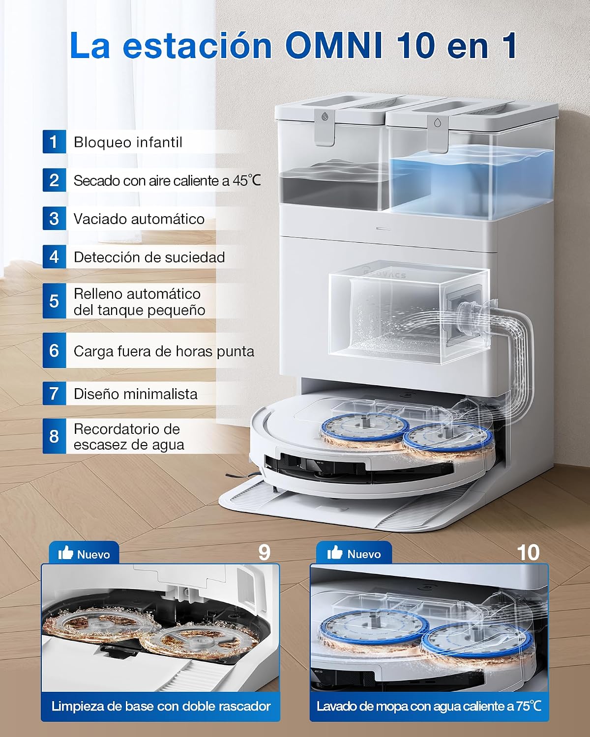 ECOVACS DEEBOT T50 Omni Robot Aspirador y mopa, 15.000Pa, Cepillo Lateral Extensible, ZeroTangle 2.0, estación Omni Todo en uno, mopa con Agua Caliente a 75℃ lultrafino de 81mm, Blanco