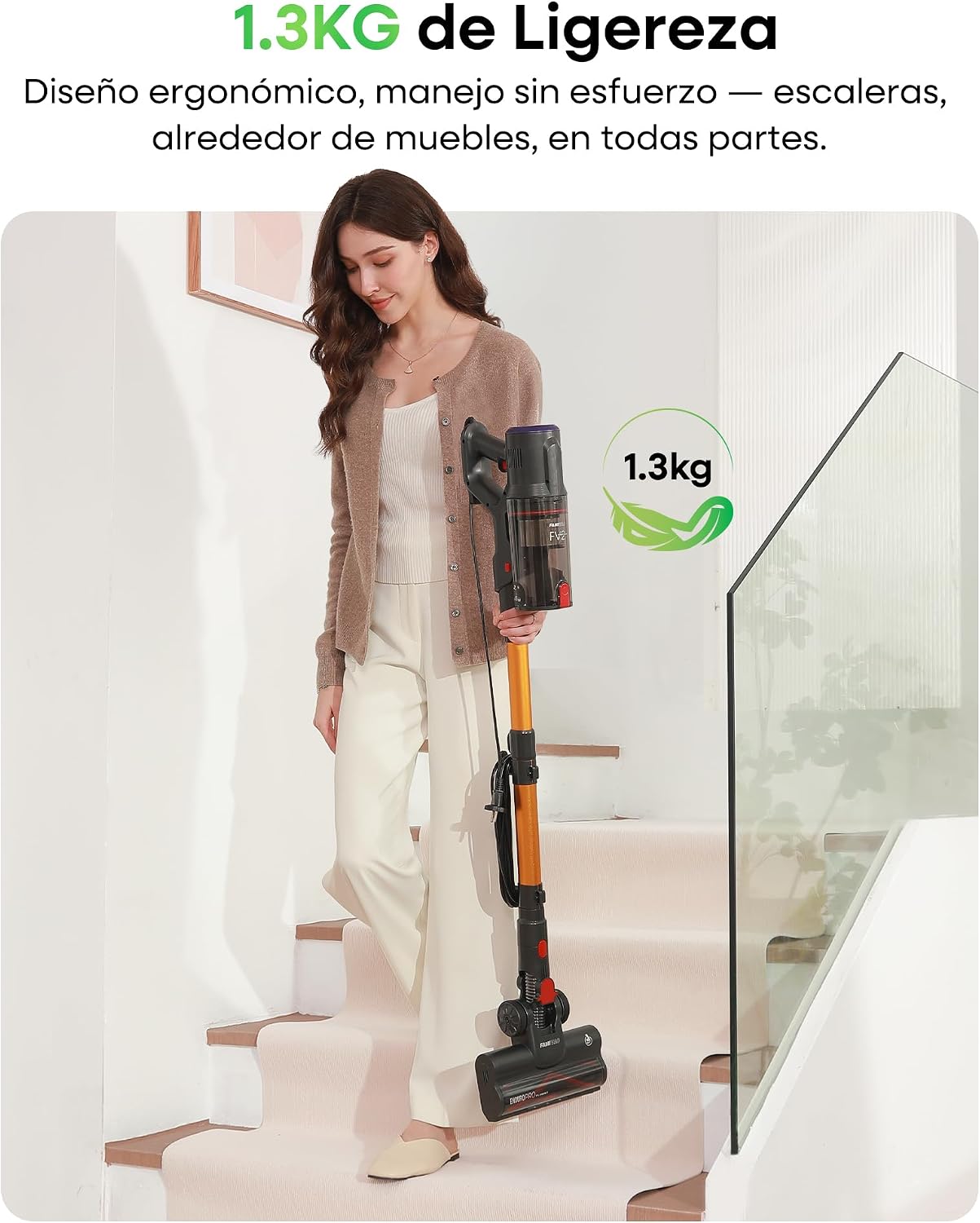FAMIVAC FV2 Aspiradora con Cable, 65Kpa/600W Aspirador Potente con Cepillo para Colchón, 1,3KG Ligera, Cable 7M, 1,5L, Cepillo Antienredos & Autoportante para Alfombras, Suelos, Pelos de Mascotas