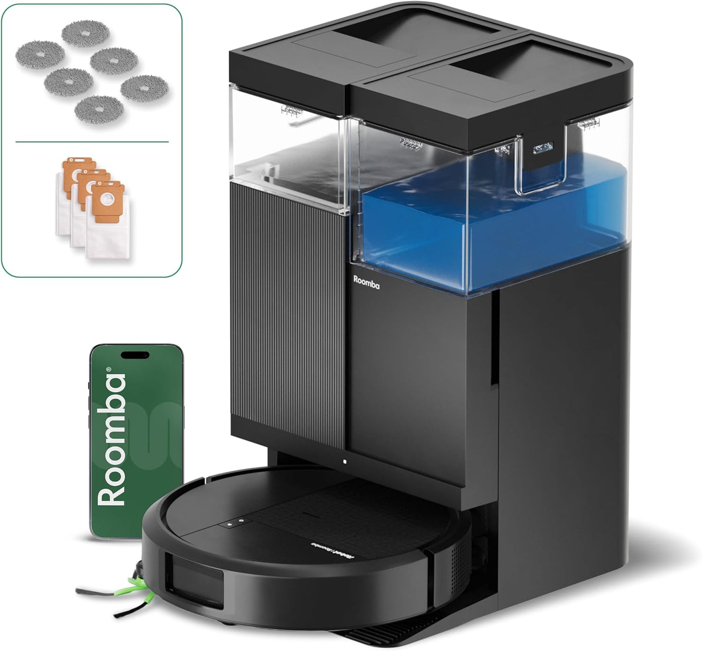 iRobot Roomba Plus 516 Combo Base AutoWash multifunción autolimpiable, 22KPa, Mopas DualClean Elevables y Extensible, Lava 75º, Seca 45º, Clearview LiDAR, Autonomía 90 Días, Accesorios Extra, Negro