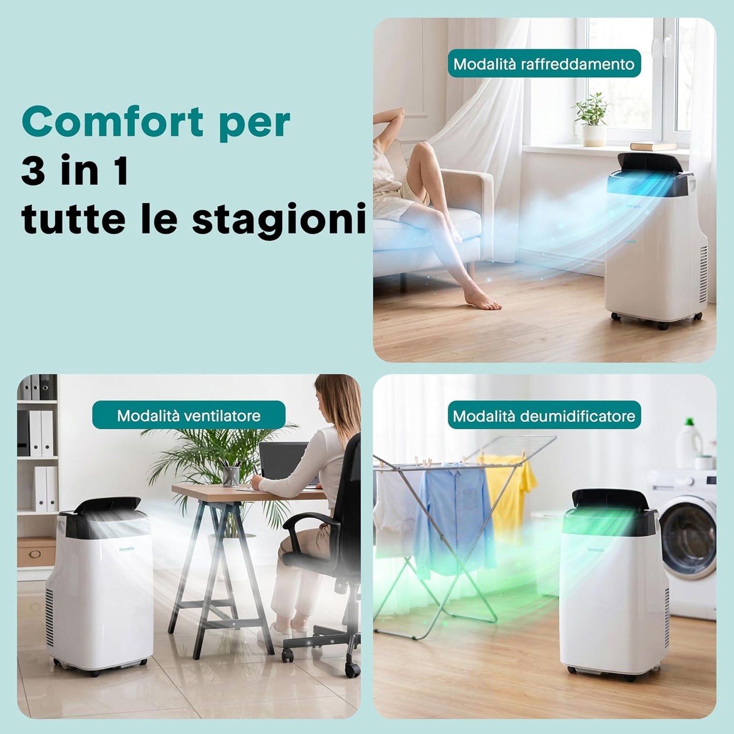 SereneLife Aire acondicionado portátil 3 en 1, deshumidificador integrado, ventilador, mando a distancia, kit de salida de ventana, 9,000 BTU, clase A
