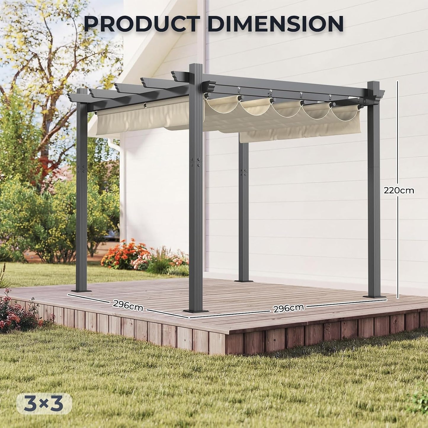 Devoko Pergola Bioclimatica 3x3m, Pergolas de Jardin, con Fijaciones Magnéticas y Zona de Sombra Ajustable, Cenador Pergolas de Aluminio, Adecuada para Escenarios como Jardines y Patios, Beige