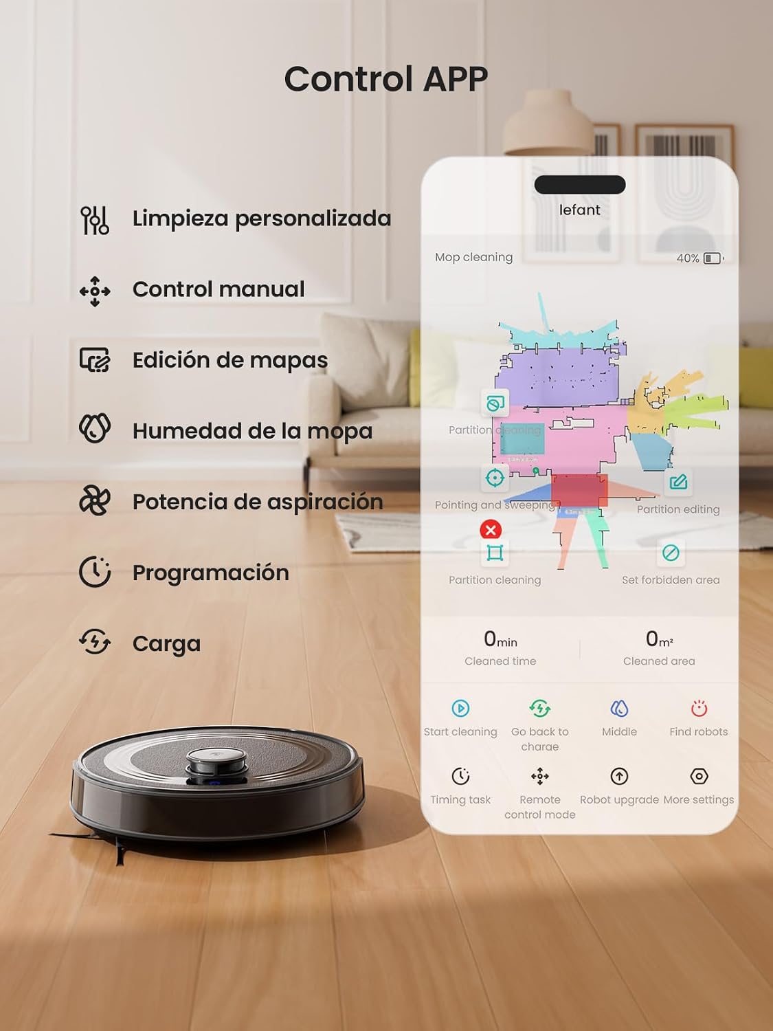 Lefant M2 Robot Aspirador y Fregasuelos 2 en 1, 160min Automático, 6000Pa, Navegación Láser, Evitación PSD, Limpieza Personalizada, Ideal para Limpiar Pelo de Mascotas y Suelos Duros, Negro