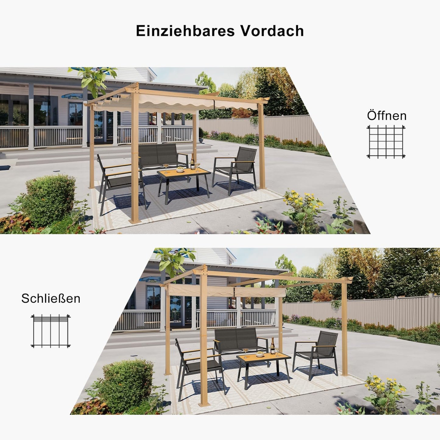 Angel Living Pergola de Aluminio, Deslizante Retráctil, Tejido de Poliéster de Alta Densidad Repelente al Agua y Resistente a los Rayos UV, Cobertizo para Jardín, Terraza Beige (3 x 4)