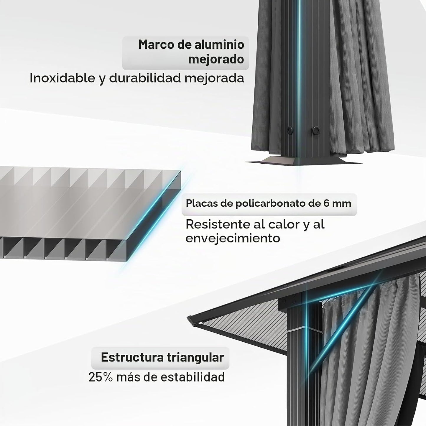 Devoko Pabellón 3x3 Impermeable Estable Resistente al Invierno, Pabellón de Jardín de Aluminio, Pabellones para Barbacoa con Techo Fijo Translúcido, Protección UV 50+, Pérgola Adecuada para Jardines