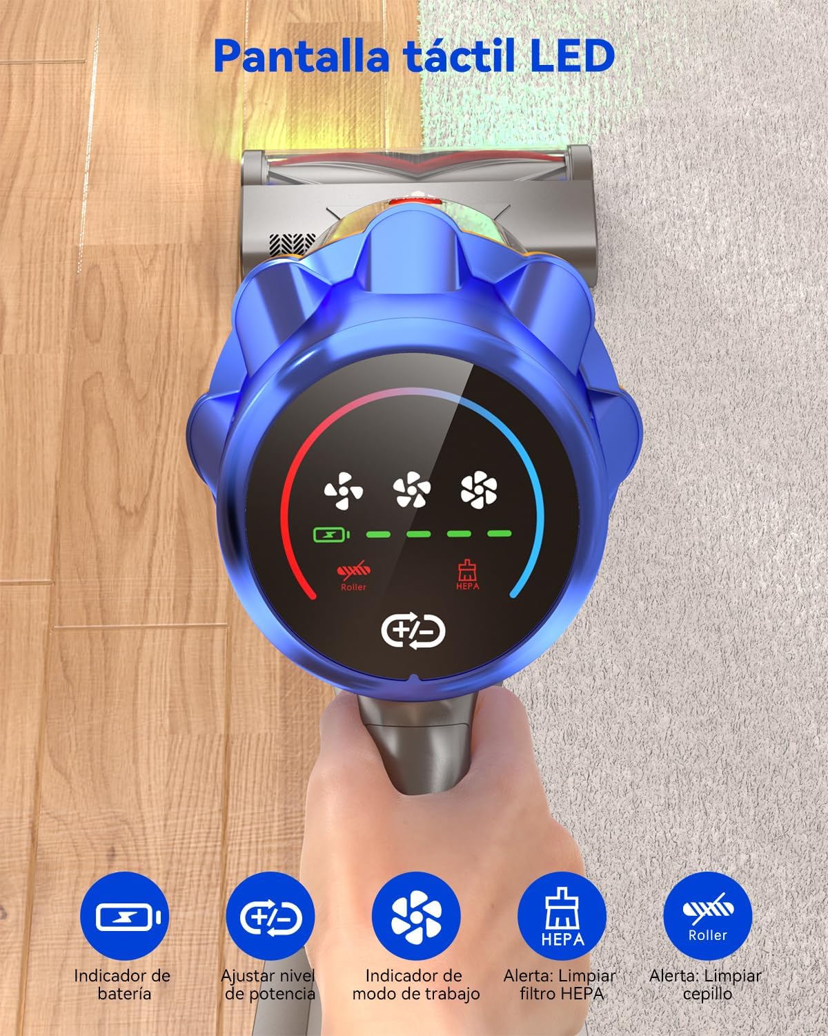 H9 Aspiradora Sin Cable, Aspiradora Potente 58Kpa/650W, 90Min Autonomía, Pantalla Táctil LED, Autoportante, Cepillo Antienredos para Suelos/Alfombras/Pelo de Mascotas, Azul