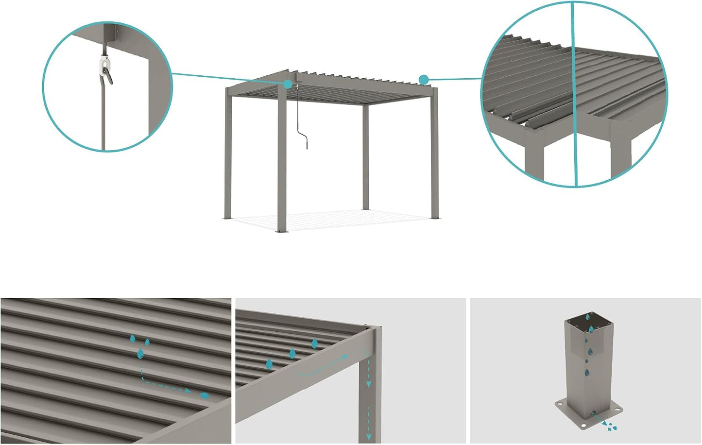 CAZEBOO Pérgola Bioclimática Autoportante Piana 297x195 cm (3x2 m – 6 m²) Aluminio Gris Topo – Lamas Orientables 0-110° Acero – Resistencia Viento 70 km/h – Kit Completo con Manivela y Anclajes