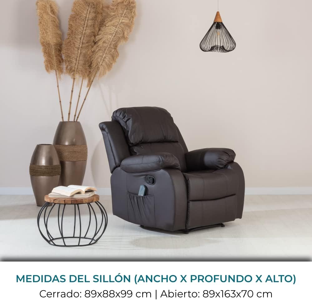 Don Descanso - Sillón Masaje Relax Calor Trevi Negro Reclinable 160º con 8 Motores Silenciosos, Calor Lumbar, Sist. Masaje 4 Zonas y Acabado en PU Anti-Cuarteo [Incluye Mando]. Ideal Gente Mayor