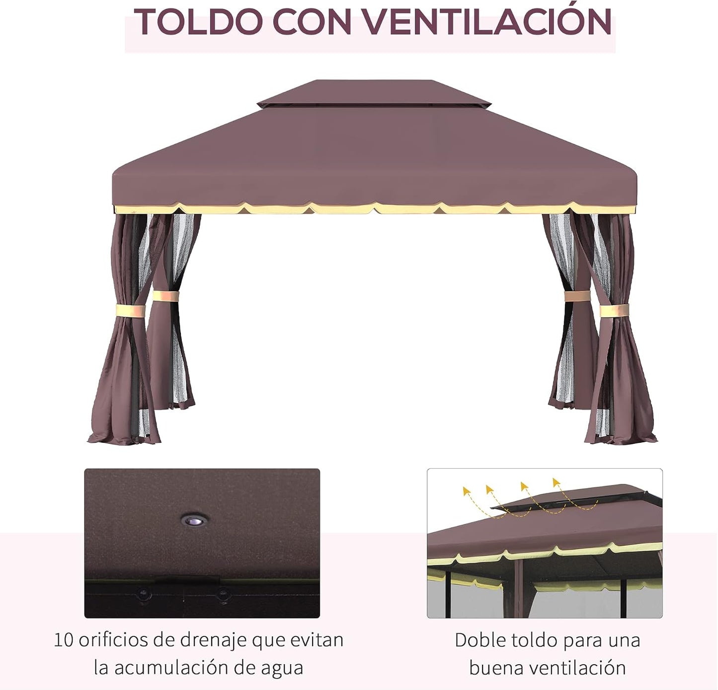 Outsunny Cenador de Jardín 4x3 m Gazebo de Aluminio con Techo de Ventilación 4 Cortinas Laterales 4 Mosquiteras y 8 Orificios de Drenaje para Fiestas Eventos Exterior Café